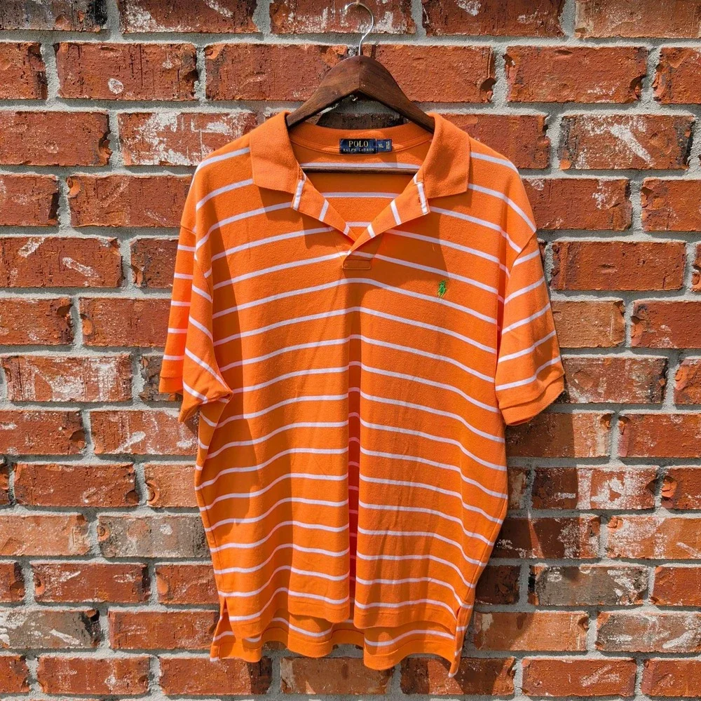 Polo Ralph Lauren Polo Shirt Mens XL Orange White Striped Short Sleeve Pony Logo